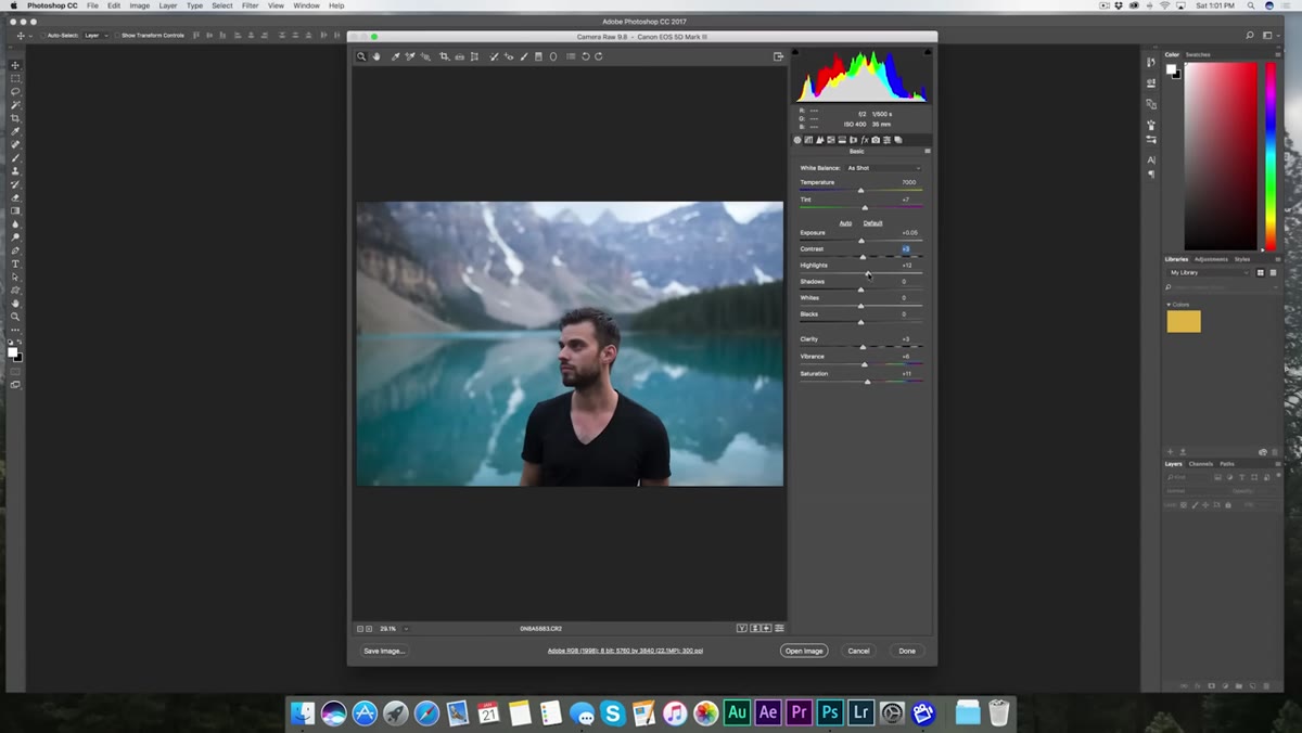 Highlights slider pulled down, mountain detail recovering at top of frame
