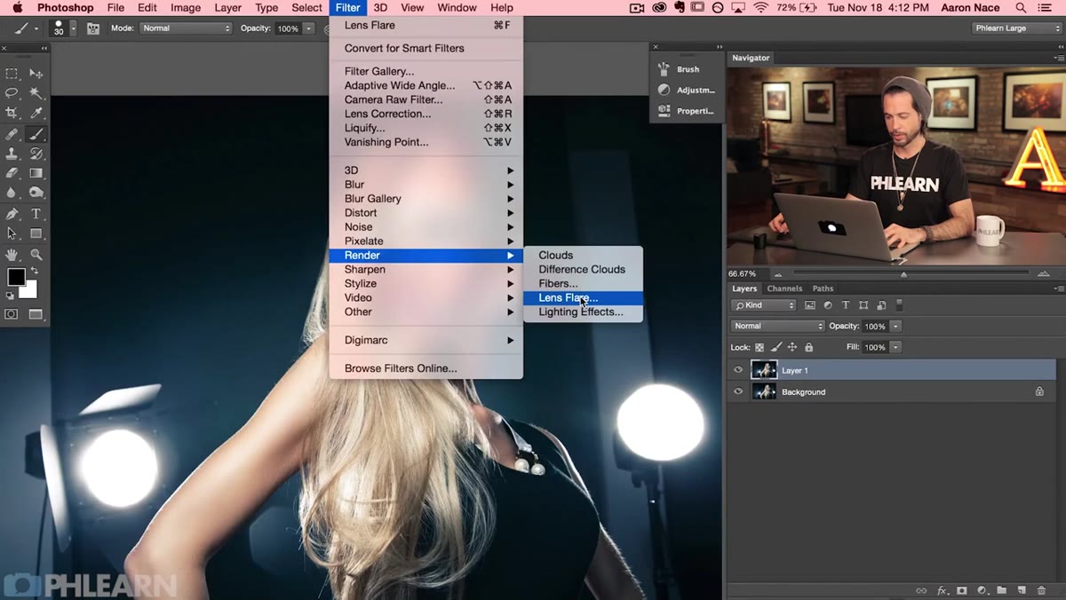 Lens Flare dialog box open with preview showing flare position over light source