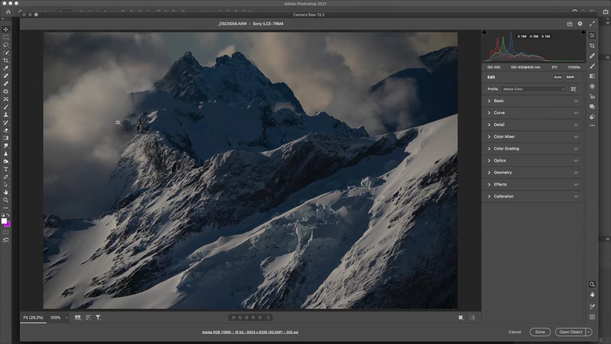 Mountain image showing directional light on left side of frame