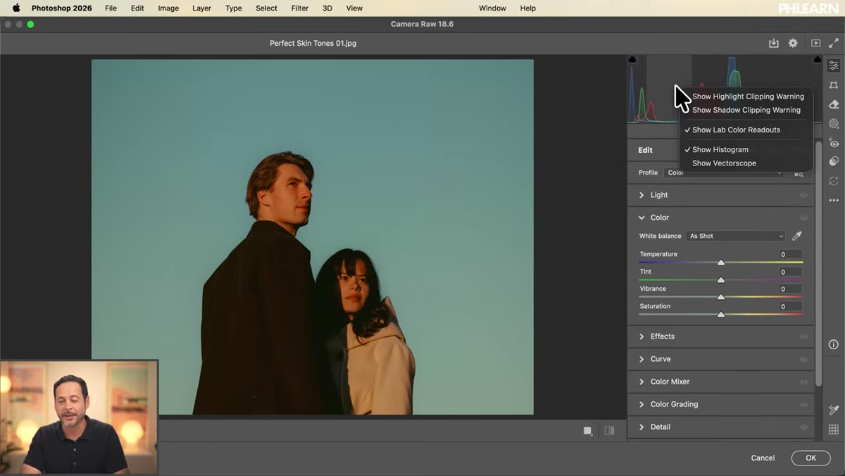 Right-click context menu on histogram showing &ldquo;Show Vectorscope&rdquo; option