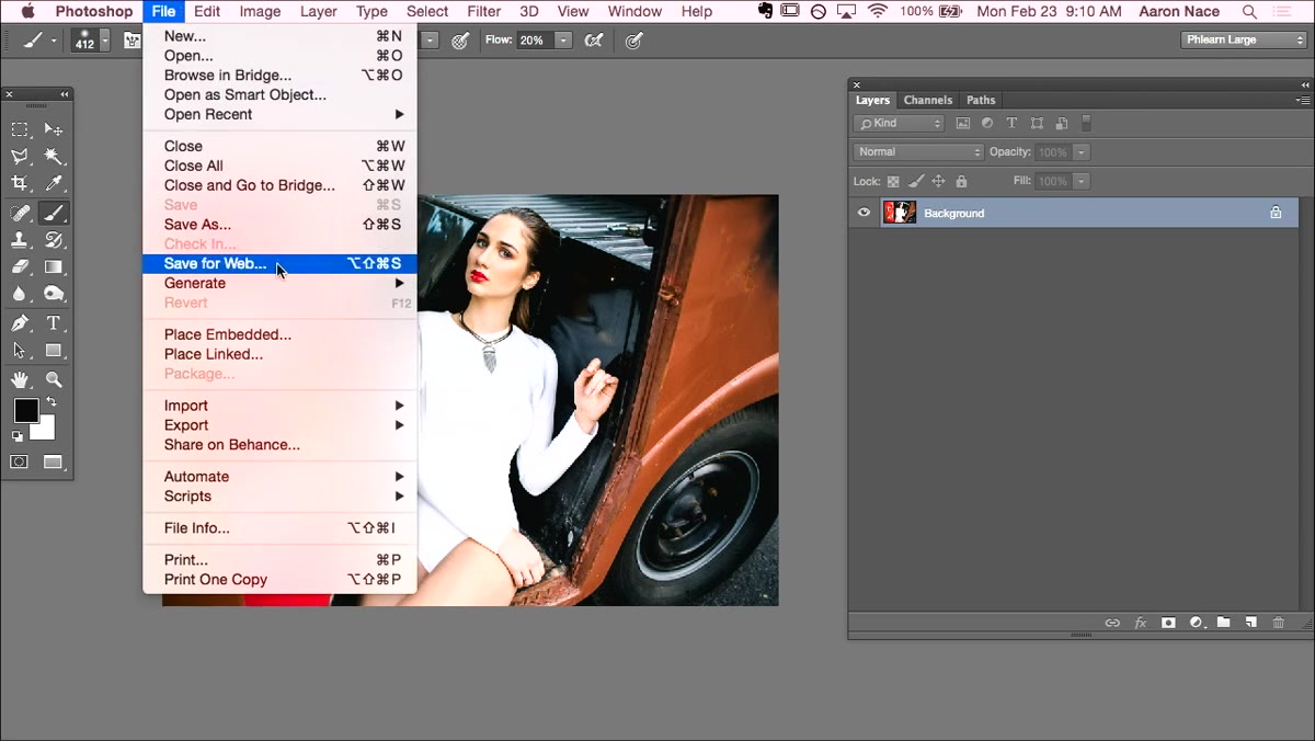 File menu open with Save for Web option highlighted