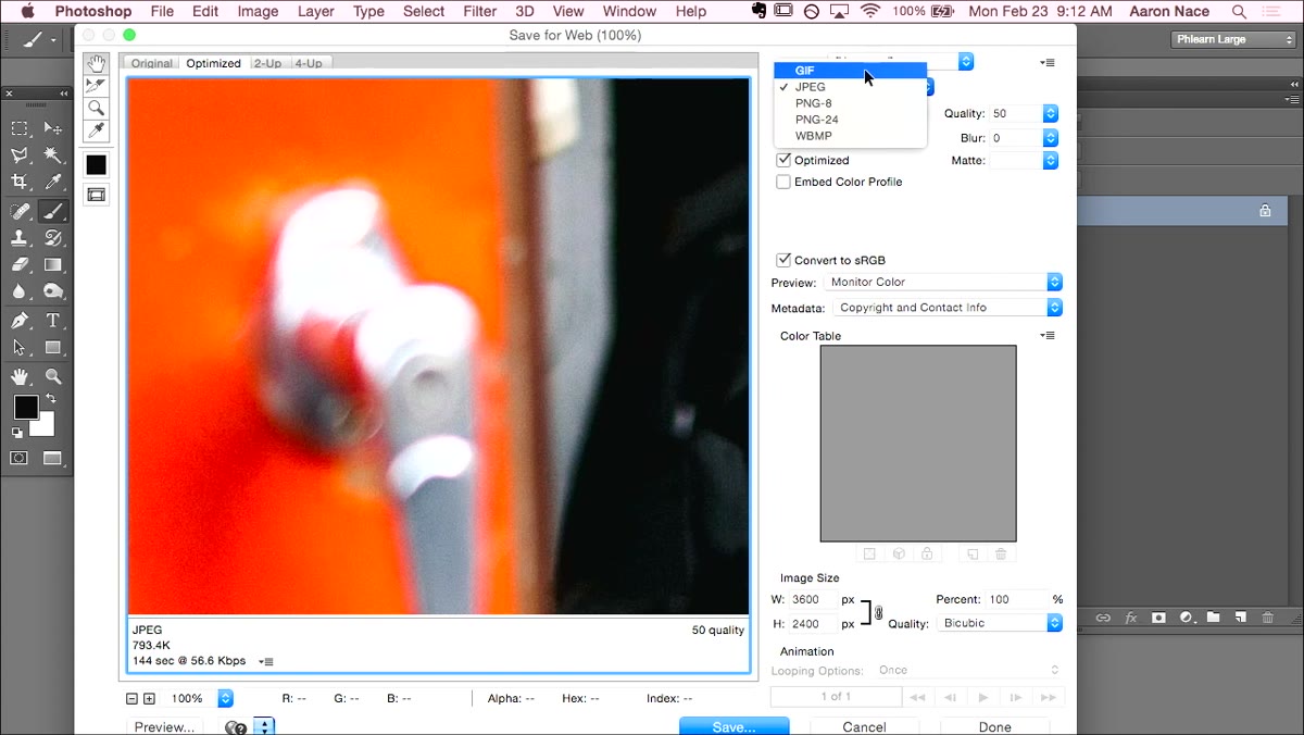 Save for Web dialog with format dropdown showing JPEG, PNG, GIF options