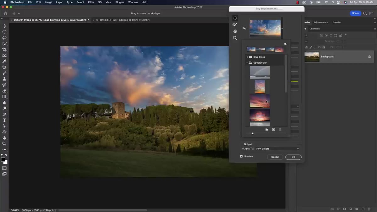 Sky replacement window open with Adobe spectacular skies section visible