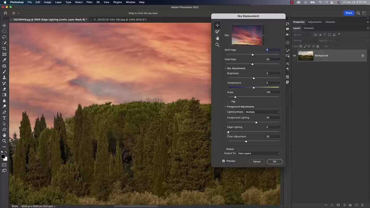 Edge Lighting slider pulled down to zero in the Sky Replacement dialog