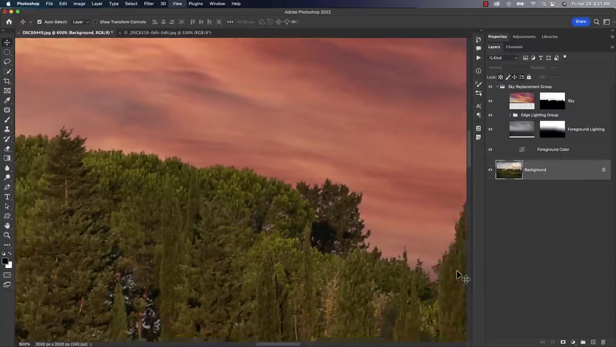 Dialog closed, final composite visible with sky replacement layers in panel