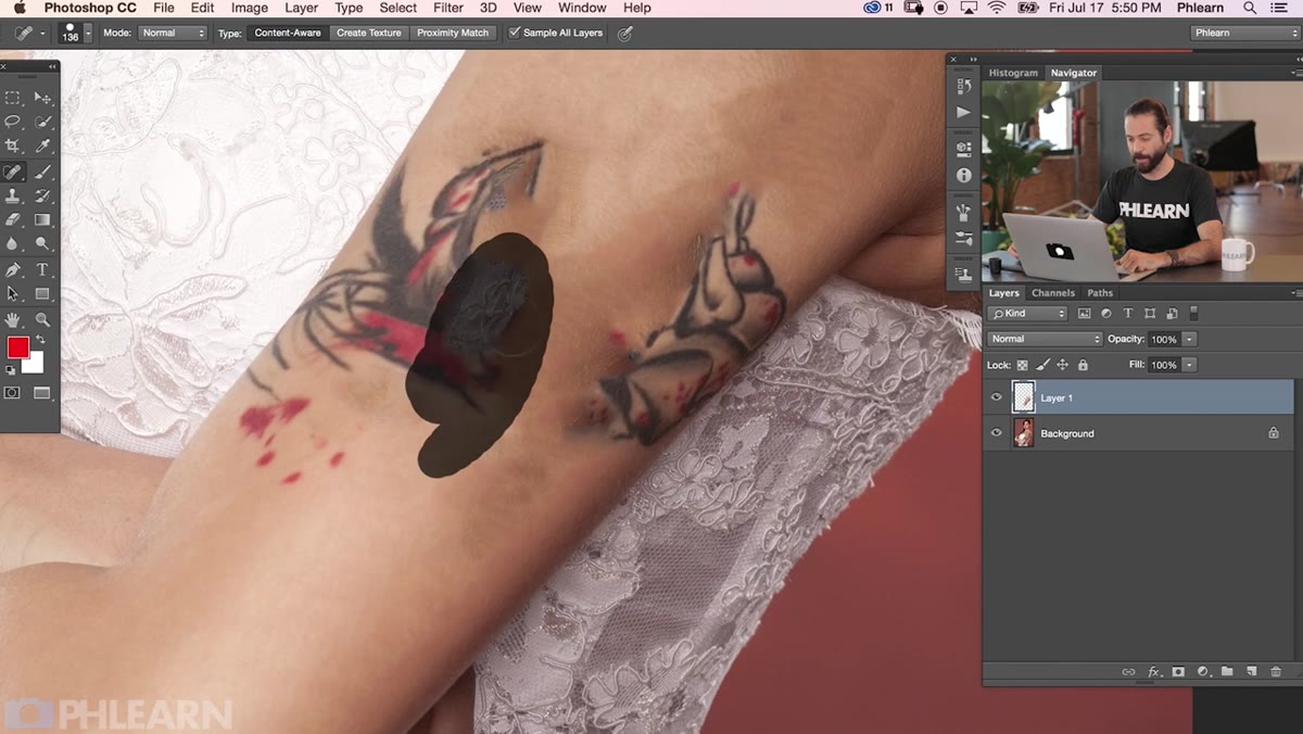 Brush tool sampling skin tone adjacent to healed area