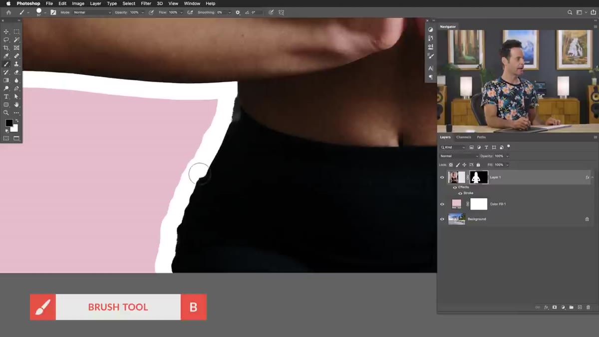 Brush tool painting black on the layer mask to remove rough edges