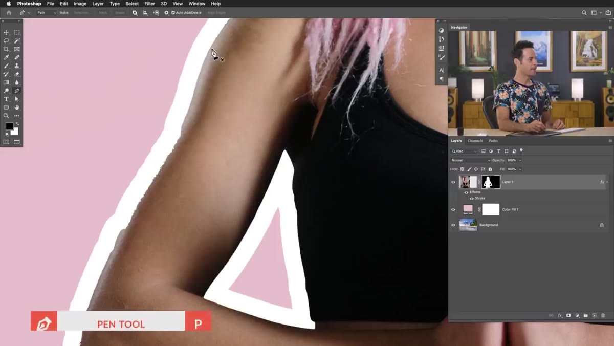 Pen tool creating smooth path along the subject&rsquo;s arm