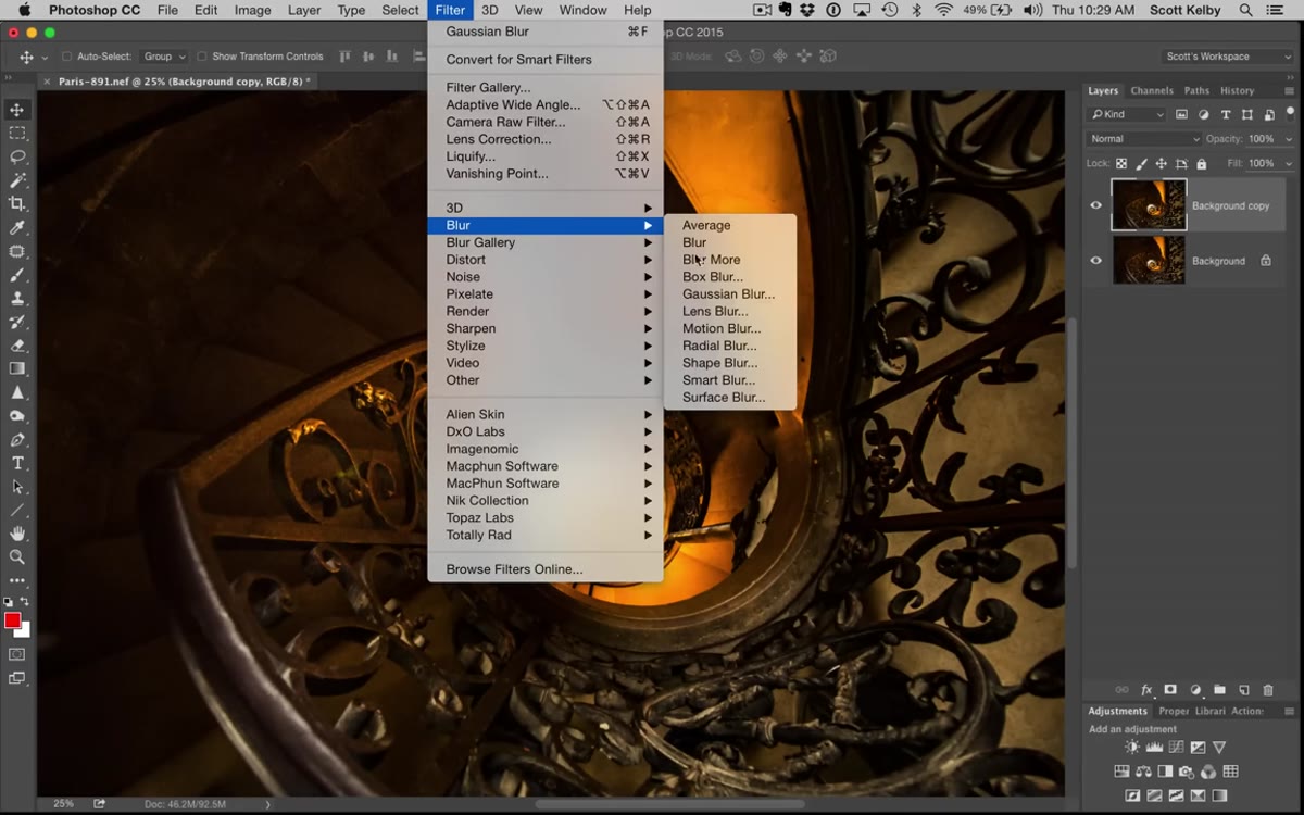 Gaussian Blur dialog open with 25 pixel radius applied