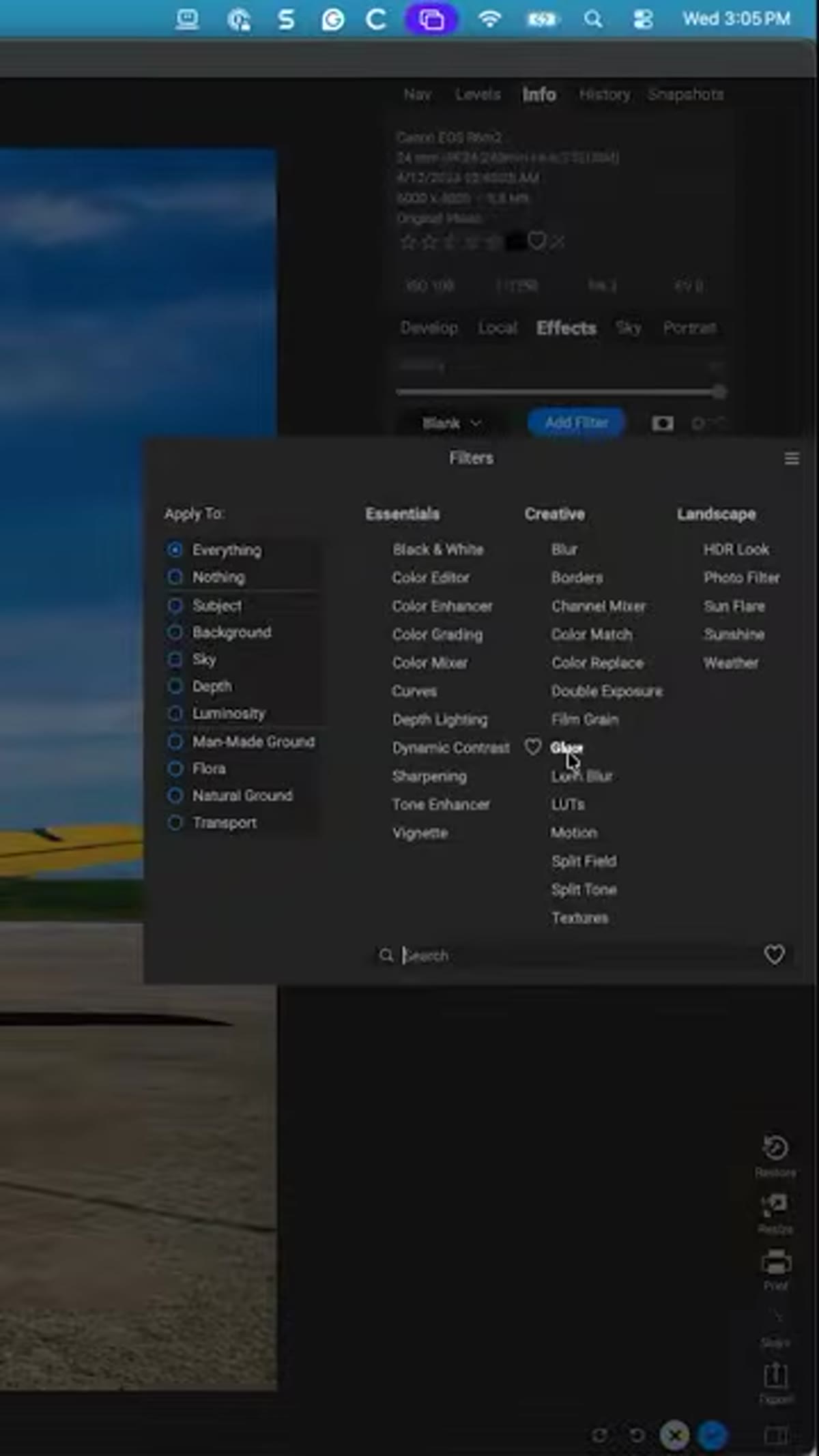 Add Filter menu open, Bleach Bypass not visible in list