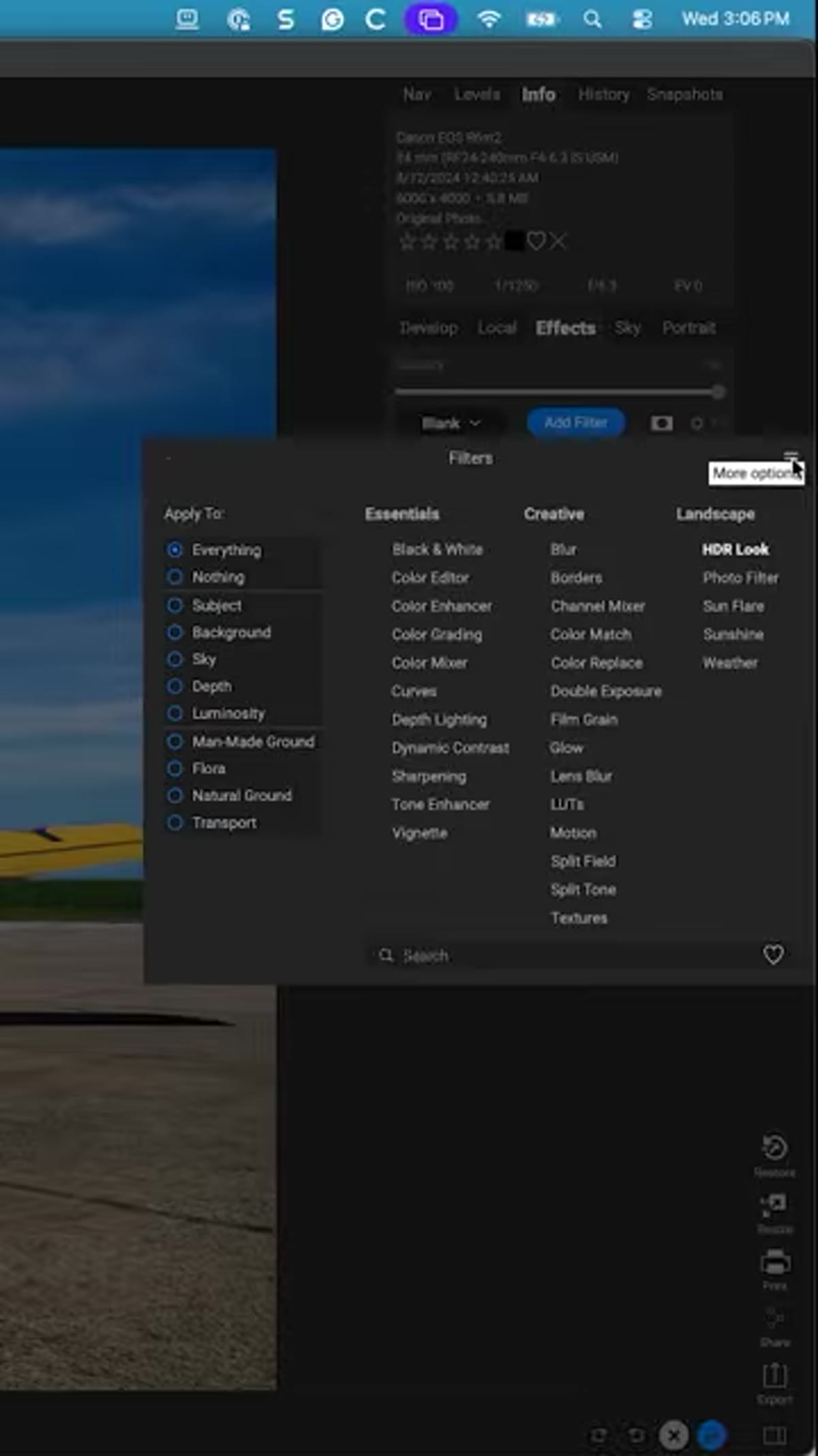 Hamburger menu open in top-right corner of Effects panel