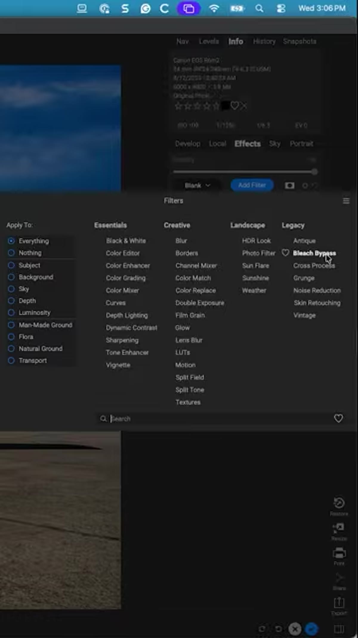 Bleach Bypass now visible and selected in the expanded filter list