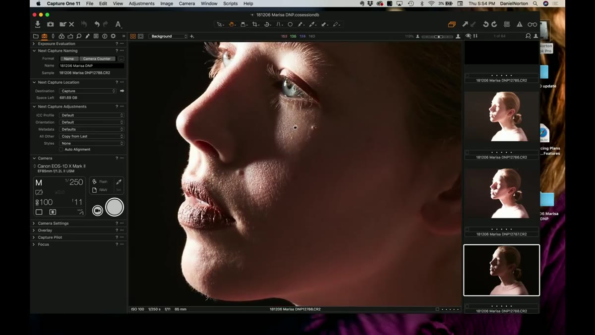 Capture One tethered display showing skin detail and eye glow simultaneously