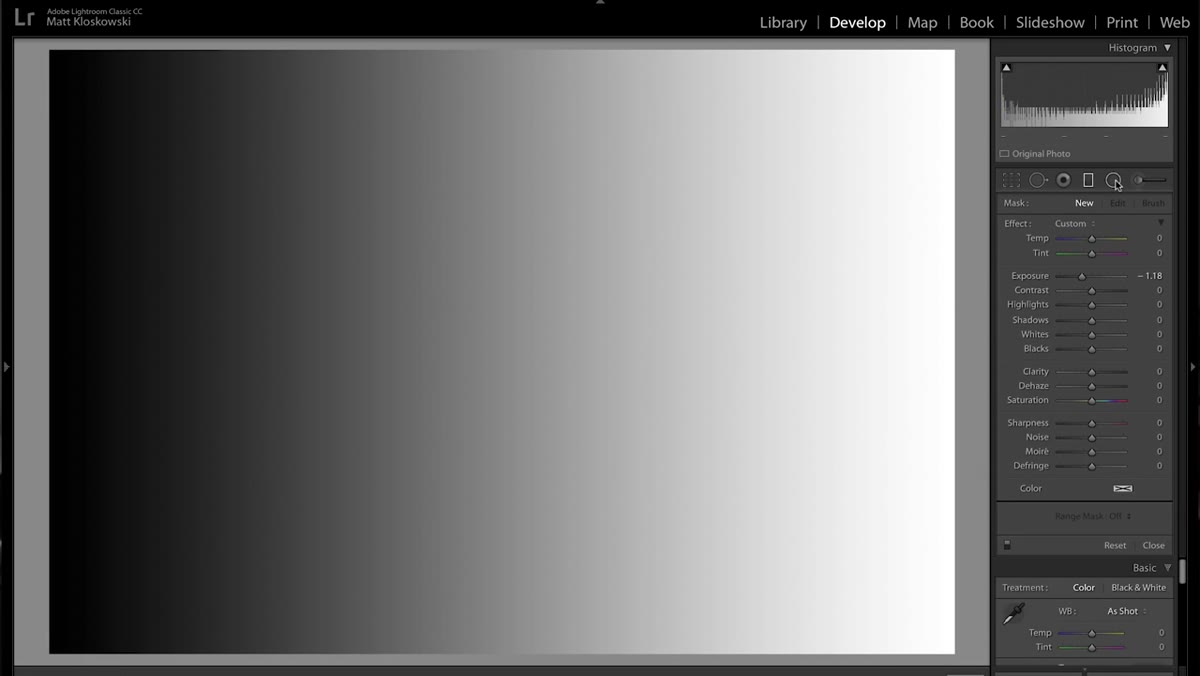 Graduated Filter panel open in Lightroom showing color swatch