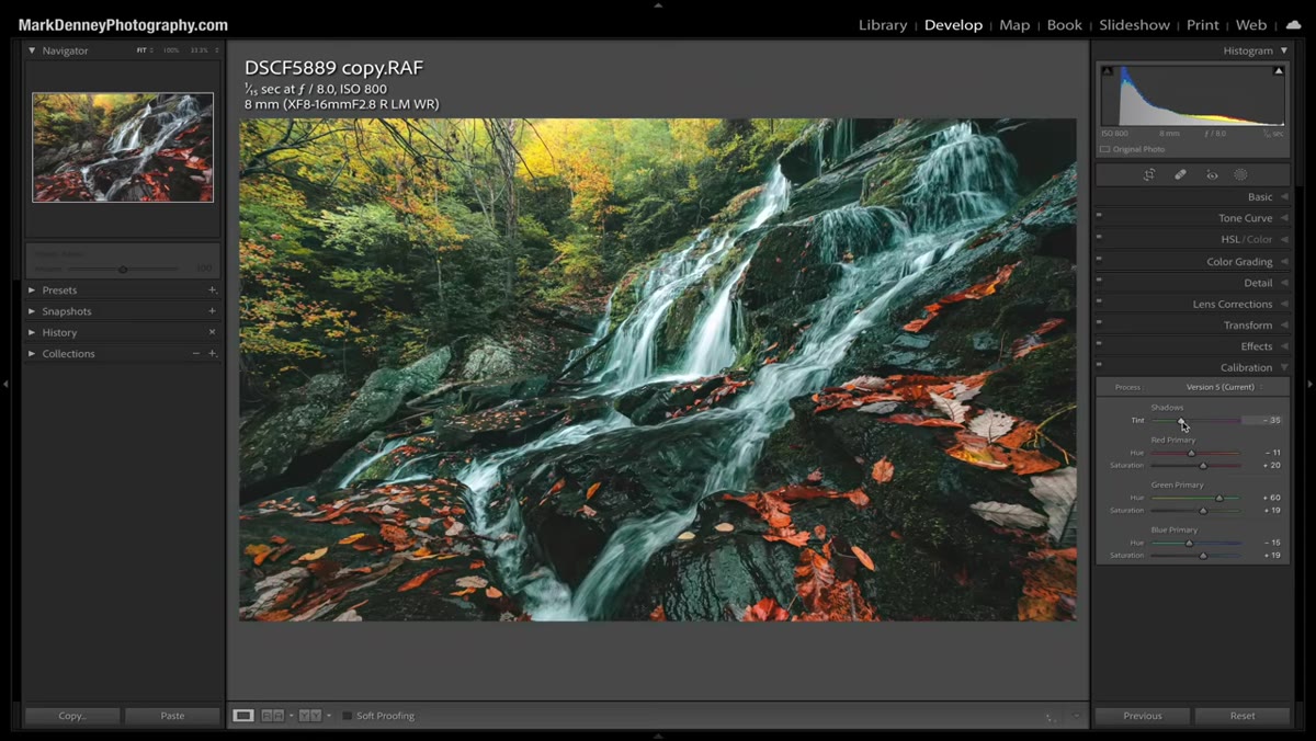 Calibration panel open with shadow tint slider adjusted