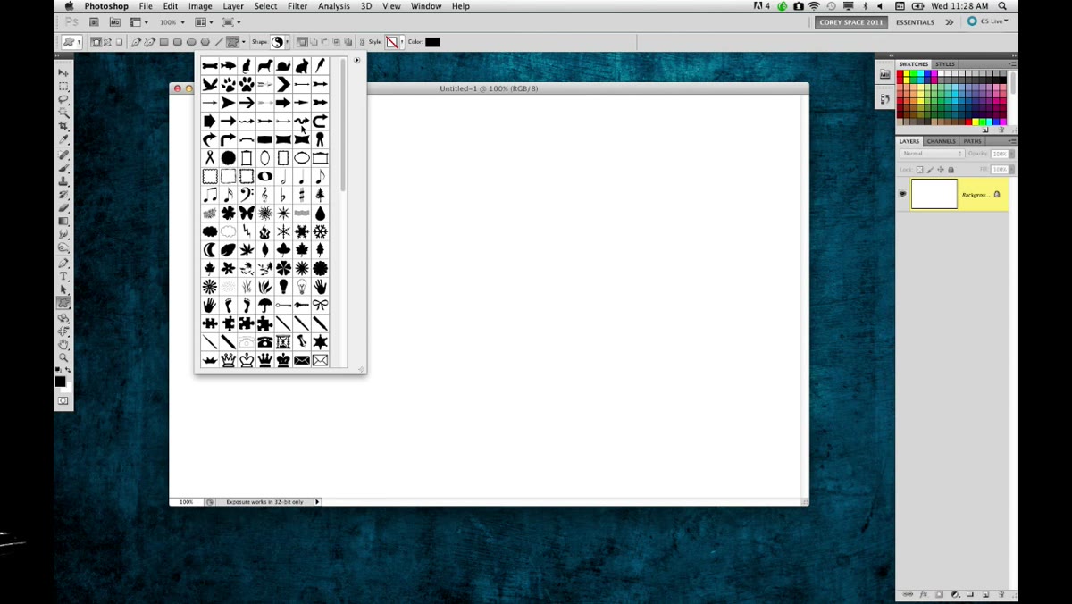 Shape preset picker open in Options Bar showing category list