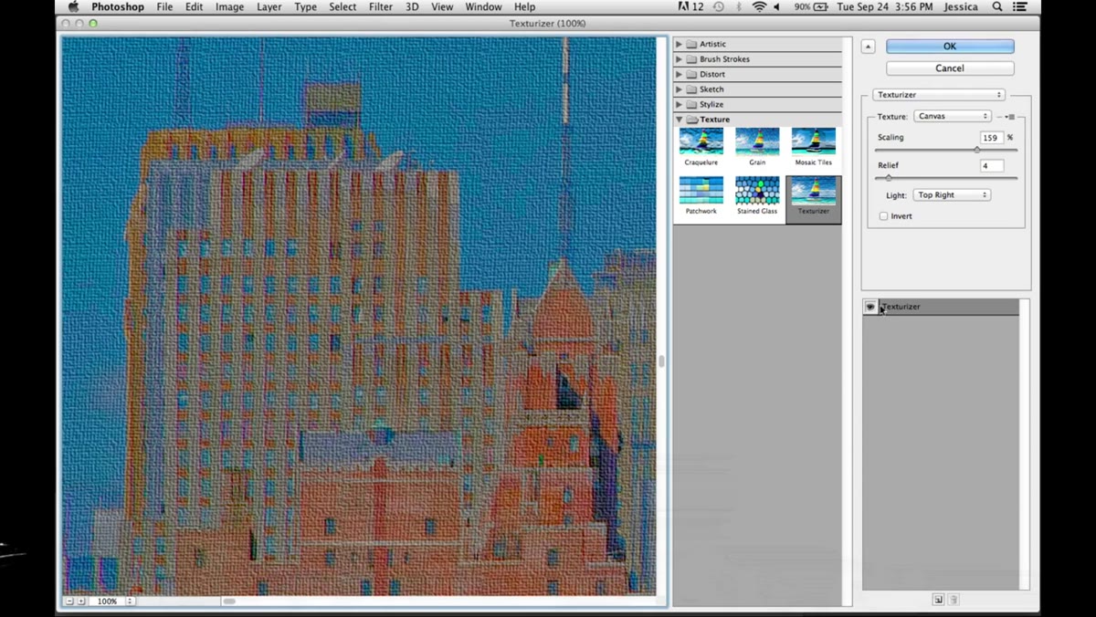 Filter Gallery open with Watercolor filter applied to base layer
