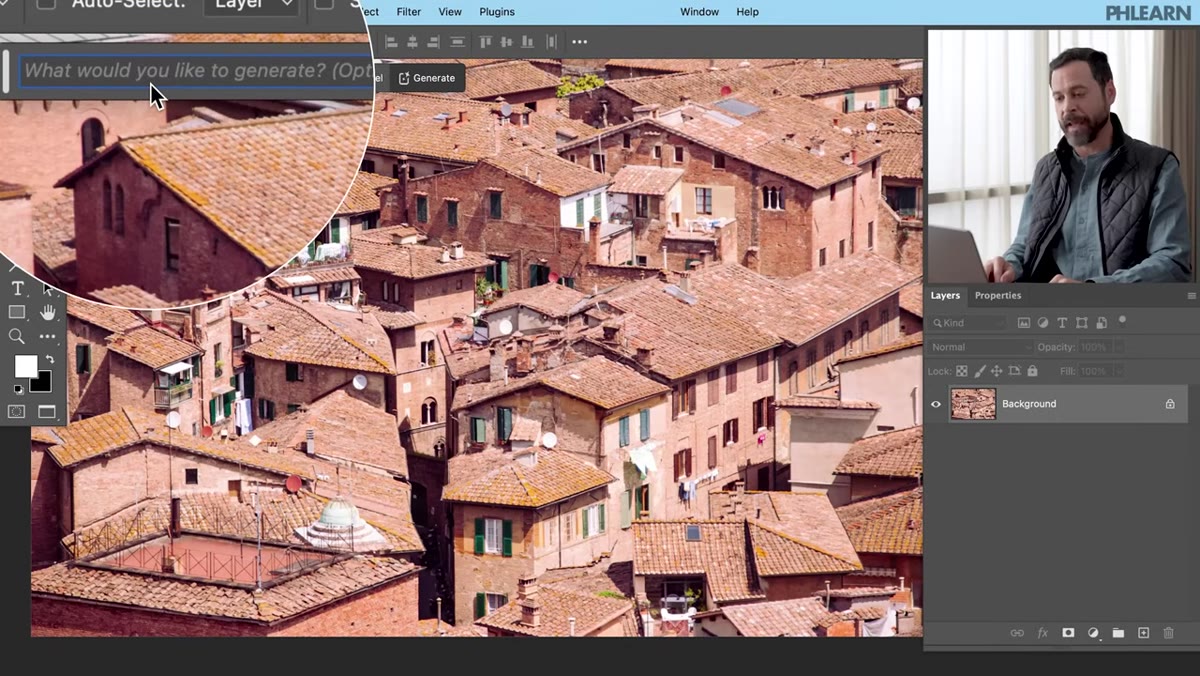 Generative Fill contextual taskbar visible, prompt field active