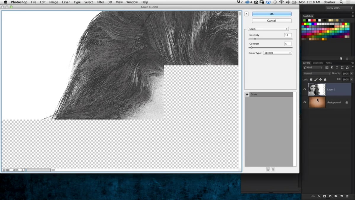 Grain filter dialog open with Speckle type selected, showing pen-ink effect