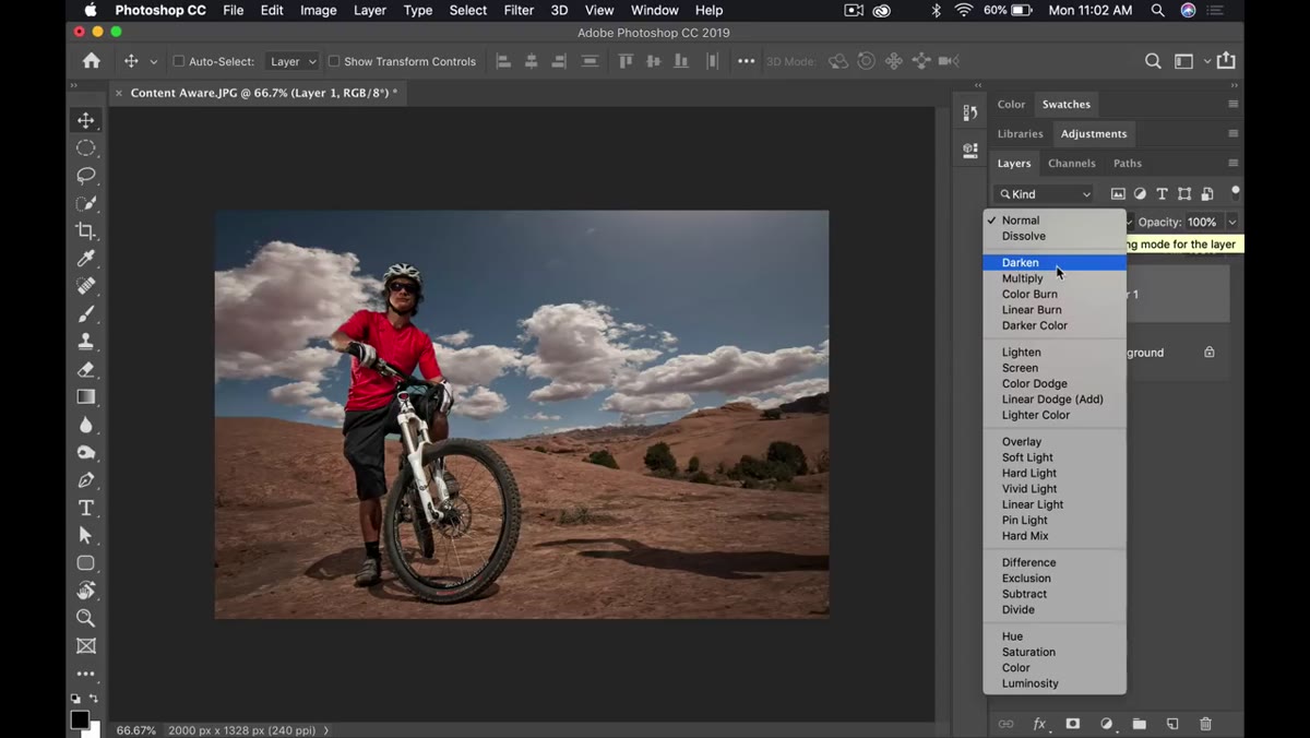 Blend mode dropdown open with live preview updating on canvas