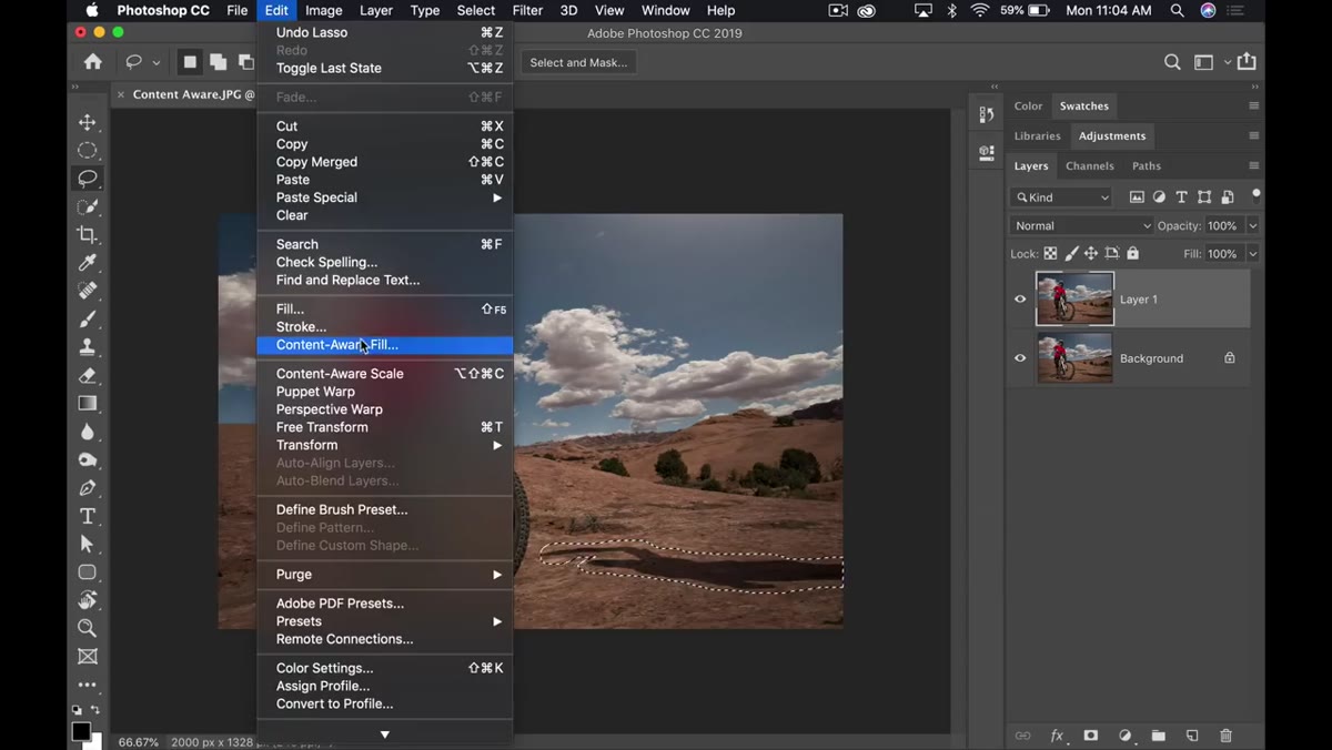 Edit menu open with Content-Aware Fill option highlighted