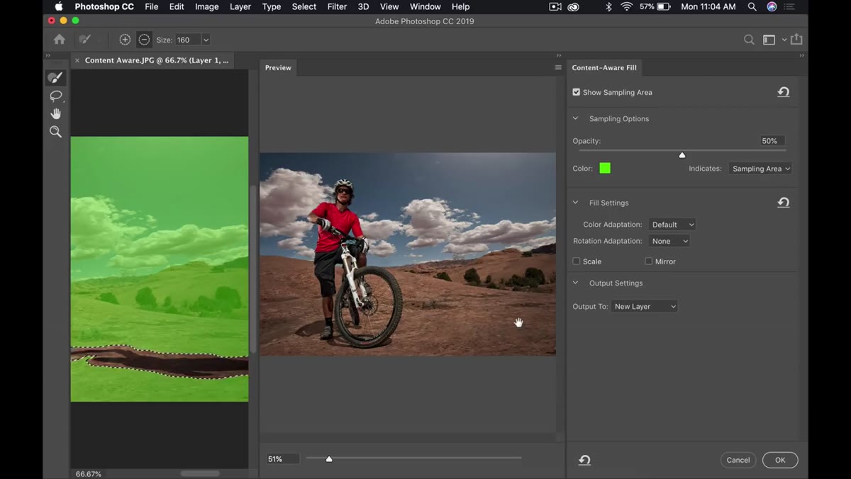 Content-Aware Fill workspace with preview panel showing fill result