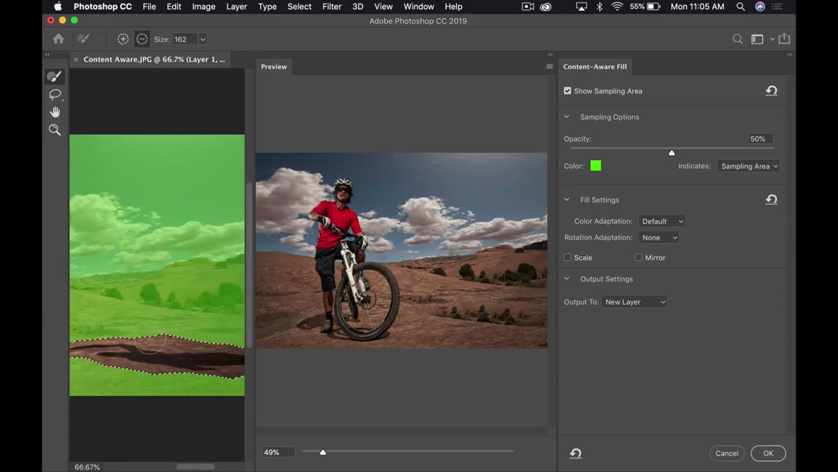 Sampling brush active, user painting green overlay to guide fill source