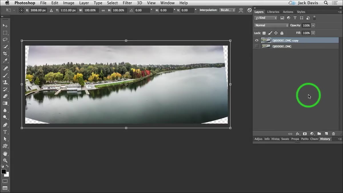 Free Transform bounding box active around panorama layer